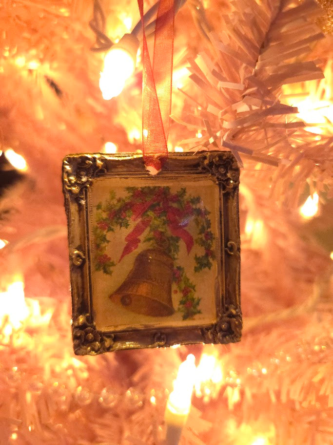 Handcrafted Resin Frame Ornament | Vintage Christmas Bell | Antique Gold | One of a Kind