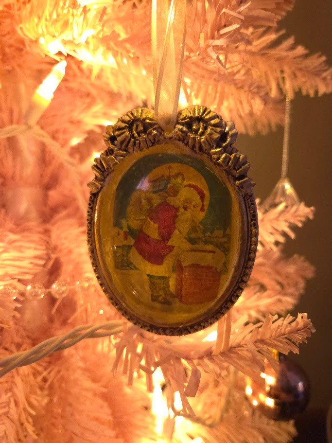 Handcrafted Resin Cameo Ornament | Vintage Santa Rooftop | Antique Gold | One of a Kind