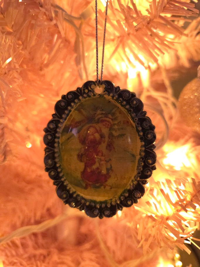 Handcrafted Resin Cameo Ornament | Vintage Santa with Toys | Fern Green & Antique Silver | One of a Kind