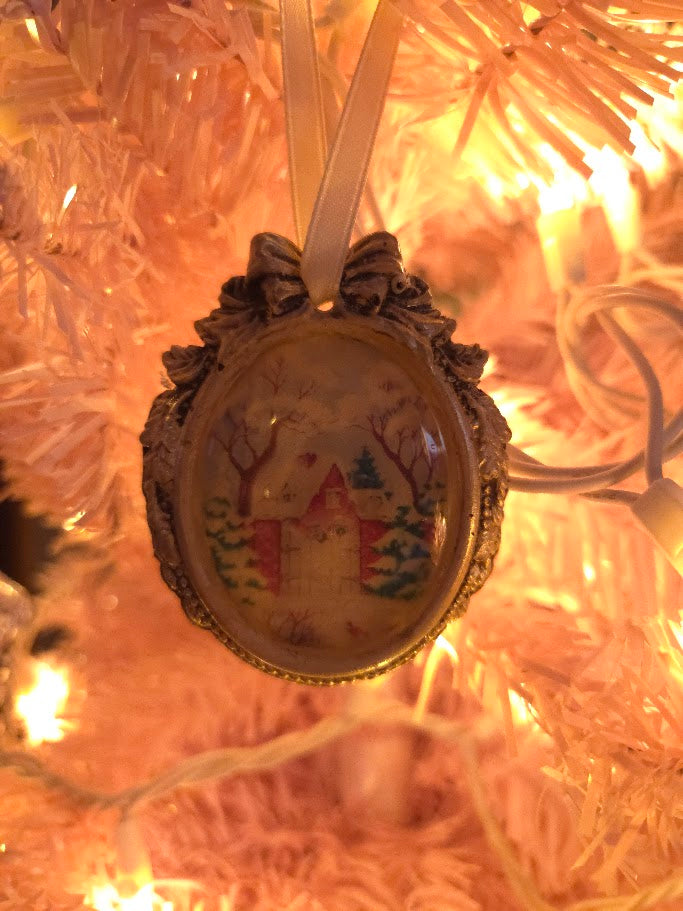 Handcrafted Resin Cameo Ornament | Vintage Winter Farmhouse | Antique White & Gold | One of a Kind
