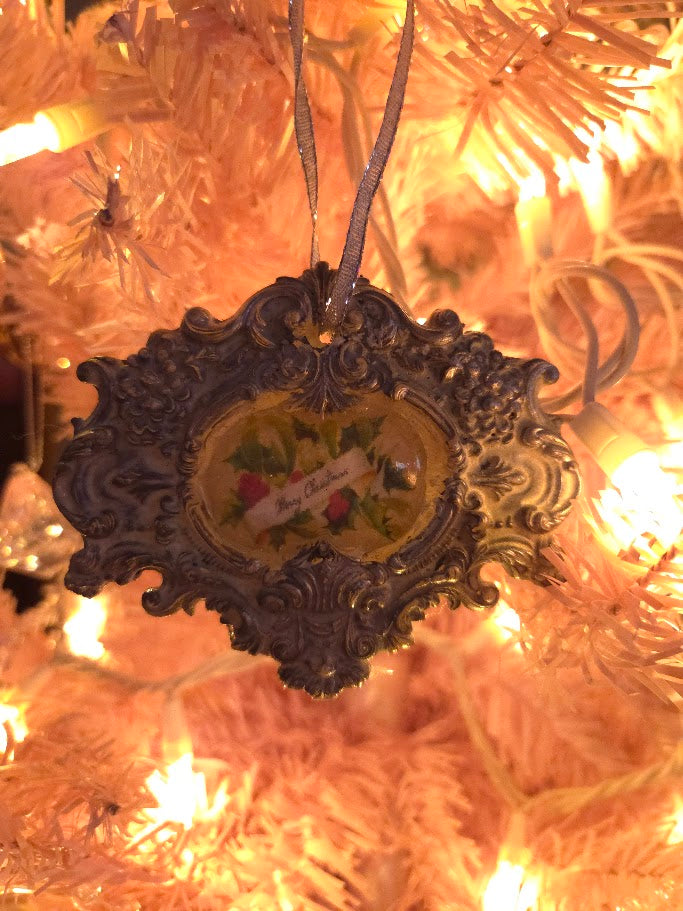 Handcrafted Resin Baroque Medallion Ornament | Merry Christmas Scroll & Holly | Antique Silver & White | One of a Kind