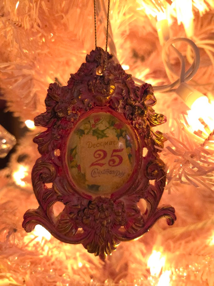 Handcrafted Resin Baroque Frame Ornament | December 25 Christmas Day | Dusty Rose Pink & Gold | One of a Kind