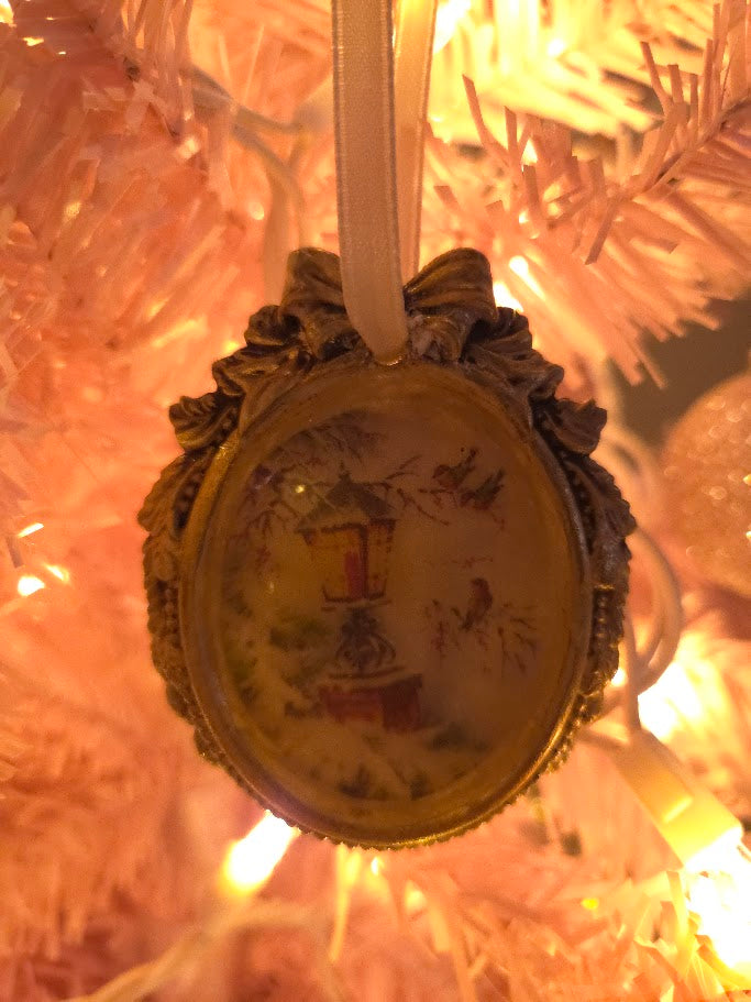 Handcrafted Resin Cameo Ornament | Vintage Winter Lantern & Birds | Cream & Antique Gold | One of a Kind