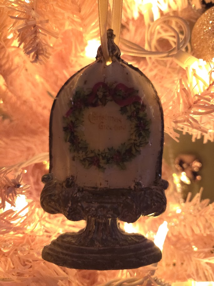 Handcrafted Paperclay Cloche Ornament | Vintage Christmas Wreath | Off White & Antique Silver | One of a Kind