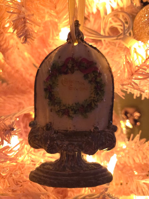 Handcrafted Paperclay Cloche Ornament | Vintage Christmas Wreath | Off White & Antique Silver | One of a Kind