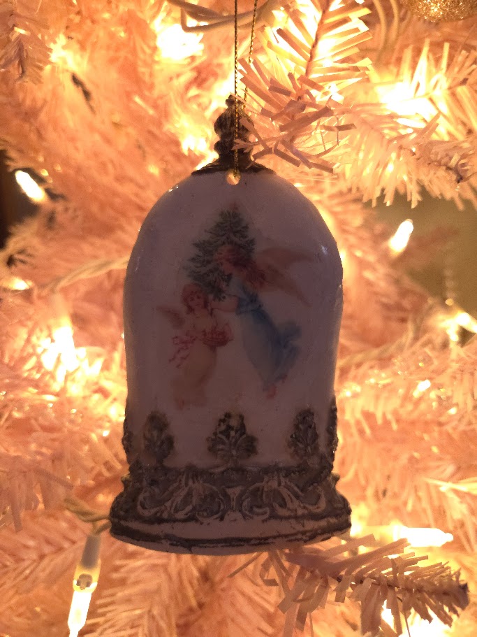 Handcrafted Paperclay Cloche Ornament | Vintage Angels with Christmas Tree | Soft White & Antique Silver | One of a Kind