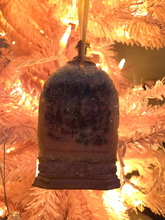 Handcrafted Paperclay Bell Ornament | Vintage Winter Village Snow Globe | Iridescent Glitter | One of a Kind