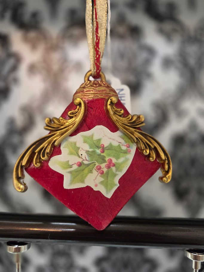 Handcrafted Paperclay Diamond Ornament | Vintage Holly & Berry | Lacquer Red & Gold | One of a Kind