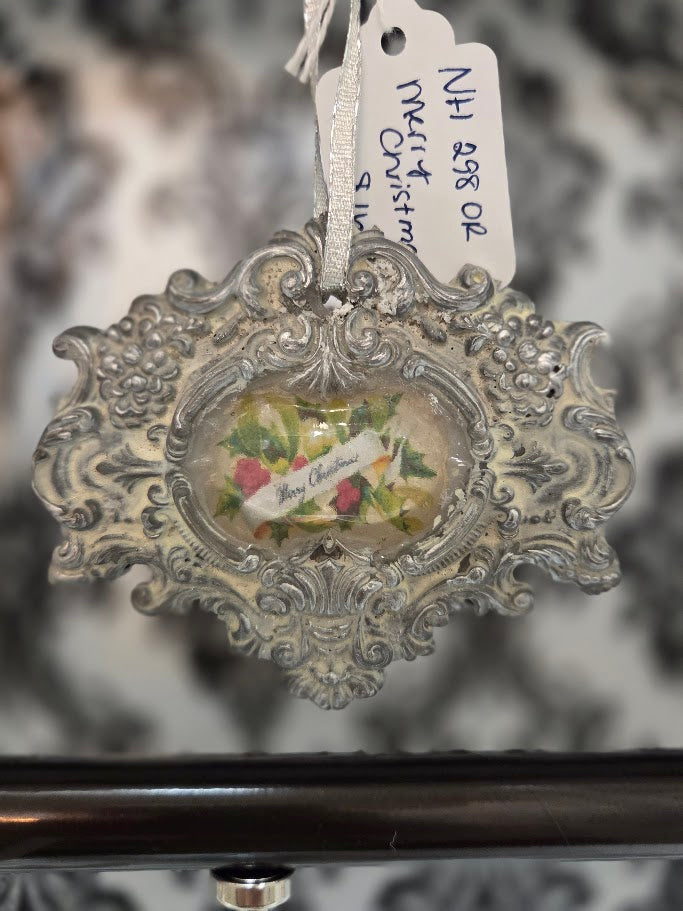 Handcrafted Resin Baroque Medallion Ornament | Merry Christmas Scroll & Holly | Antique Silver & White | One of a Kind