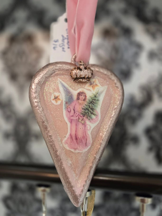 Handcrafted Angel Heart Ornament | Ballet Slipper & Rose Gold Glitter | Paperclay | One of a Kind