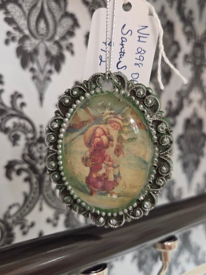 Handcrafted Resin Cameo Ornament | Vintage Santa with Toys | Fern Green & Antique Silver | One of a Kind