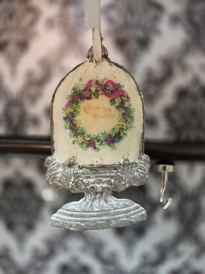 Handcrafted Paperclay Cloche Ornament | Vintage Christmas Wreath | Off White & Antique Silver | One of a Kind