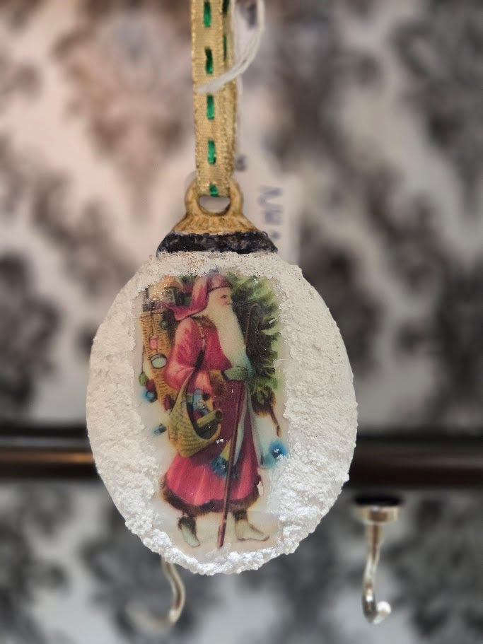 Handcrafted Paperclay Oval Ornament | Vintage Father Christmas | Snow Texture | One of a Kind