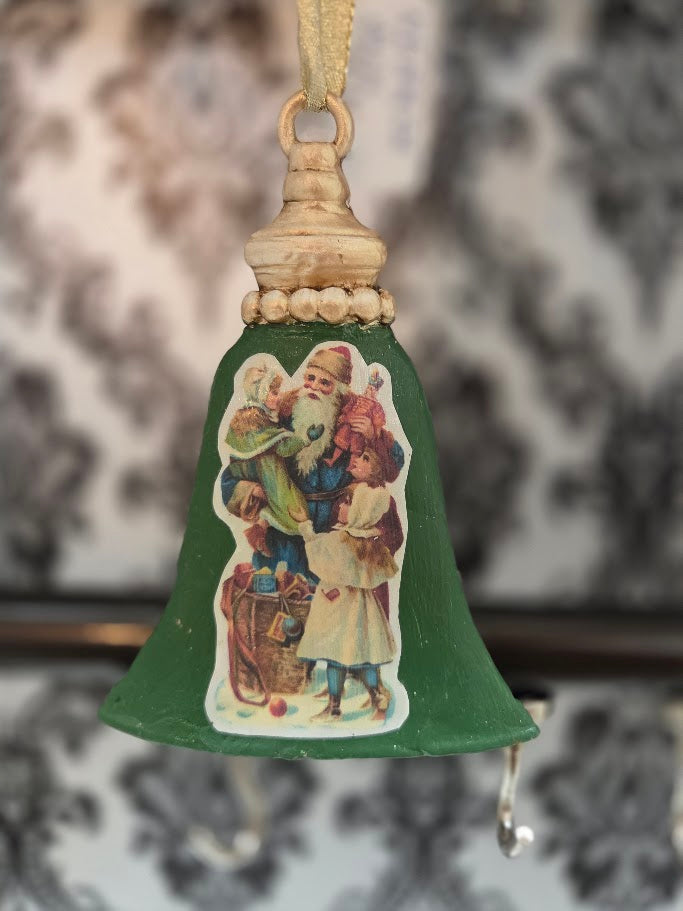 Handcrafted Saint Nicholas Bell Ornament | Forest Green & Gold | Paperclay | One of a Kind