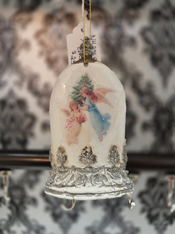 Handcrafted Paperclay Cloche Ornament | Vintage Angels with Christmas Tree | Soft White & Antique Silver | One of a Kind
