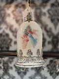 Handcrafted Paperclay Cloche Ornament | Vintage Angels with Christmas Tree | Soft White & Antique Silver | One of a Kind