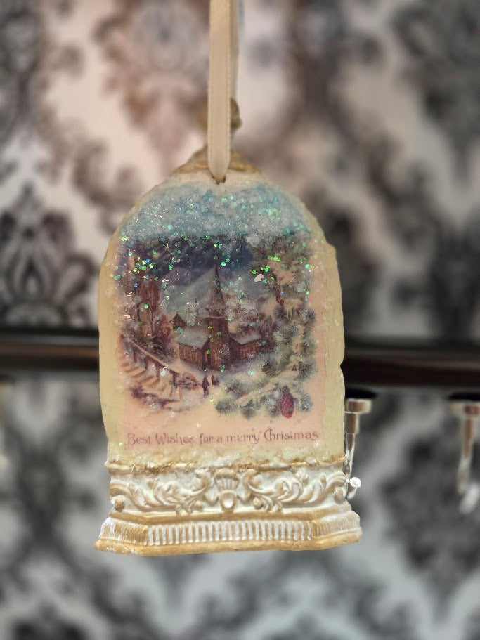 Handcrafted Paperclay Bell Ornament | Vintage Winter Village Snow Globe | Iridescent Glitter | One of a Kind