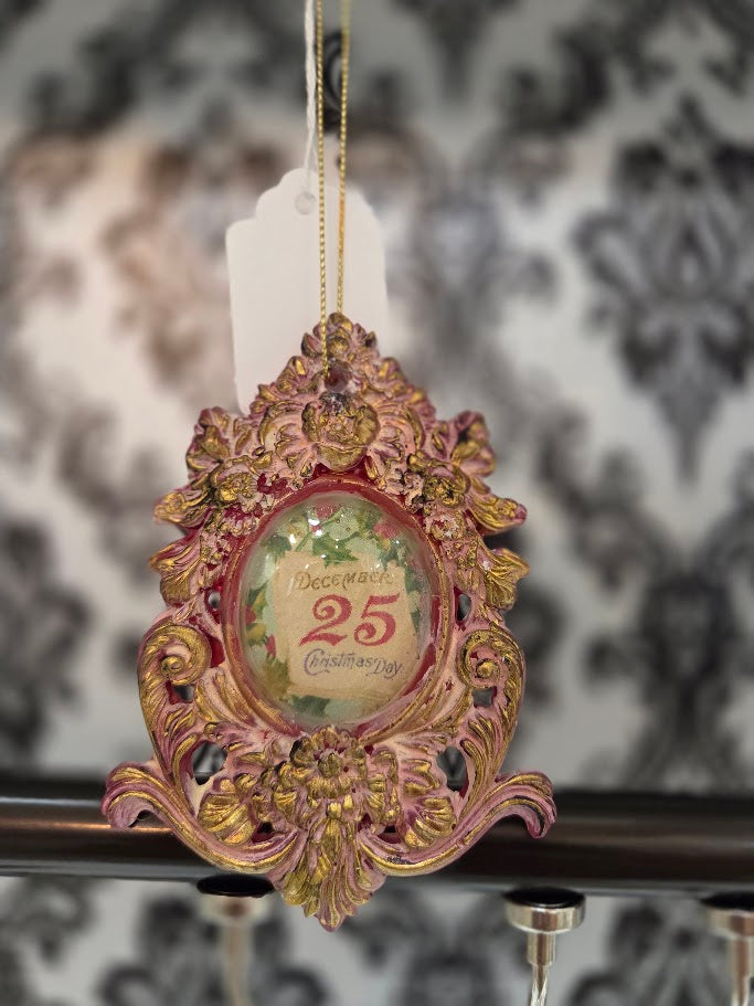 Handcrafted Resin Baroque Frame Ornament | December 25 Christmas Day | Dusty Rose Pink & Gold | One of a Kind