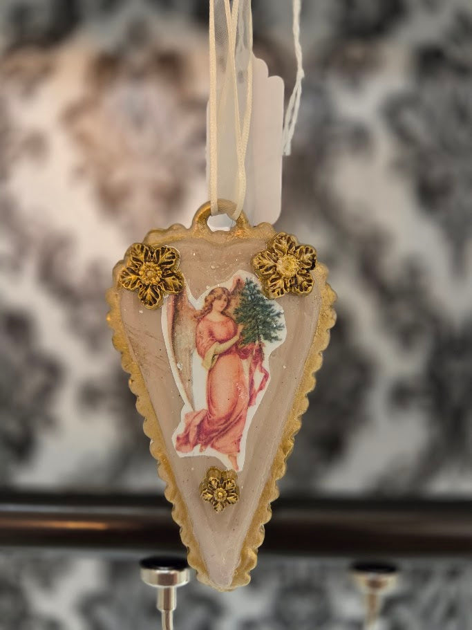 Handcrafted Victorian Heart Ornament | Ballet Slipper & Gold | Paperclay | One of a Kind