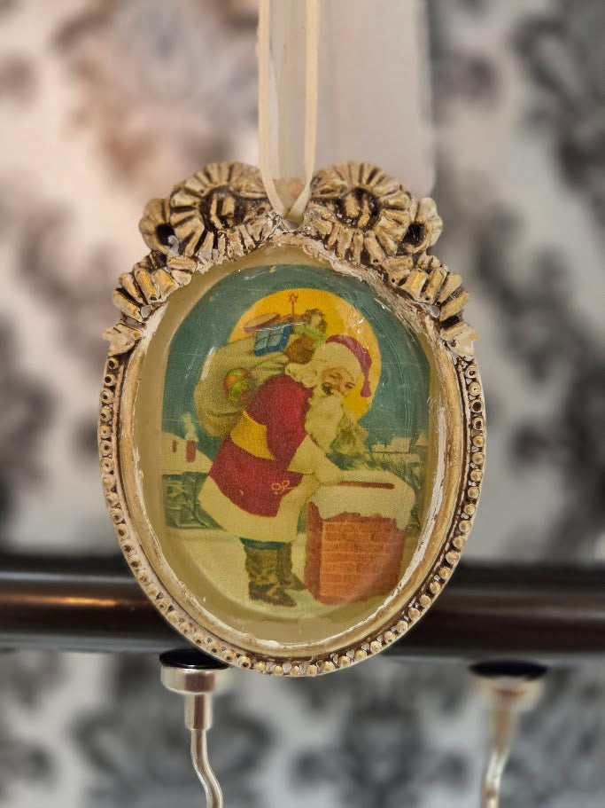 Handcrafted Resin Cameo Ornament | Vintage Santa Rooftop | Antique Gold | One of a Kind