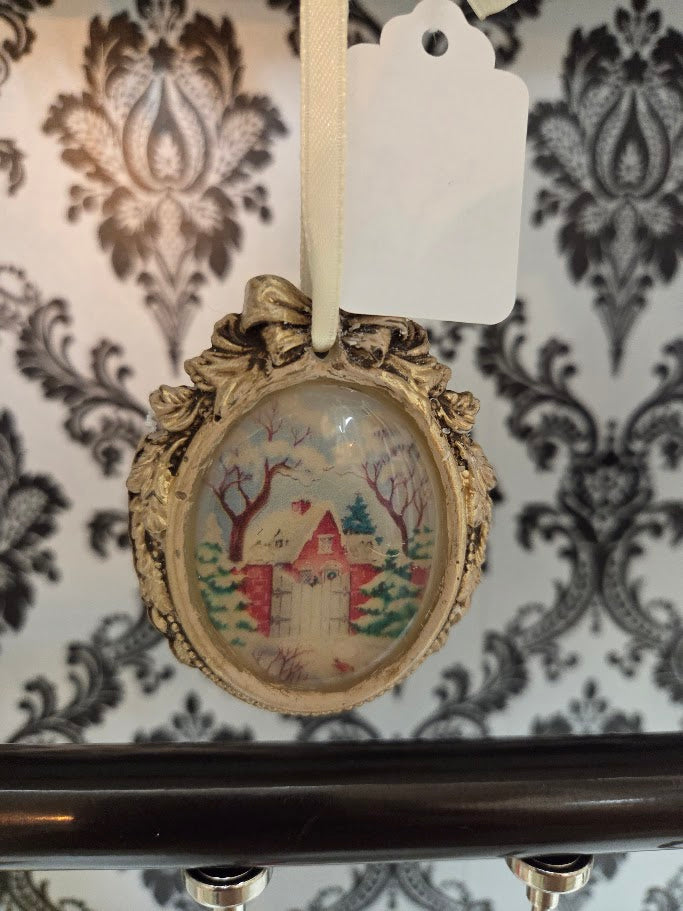 Handcrafted Resin Cameo Ornament | Vintage Winter Farmhouse | Antique White & Gold | One of a Kind